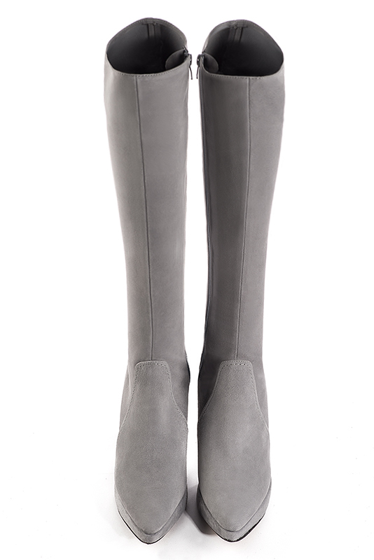 Pebble grey women's feminine knee-high boots. Tapered toe. Very high slim heel with a platform at the front. Made to measure. Top view - Florence KOOIJMAN